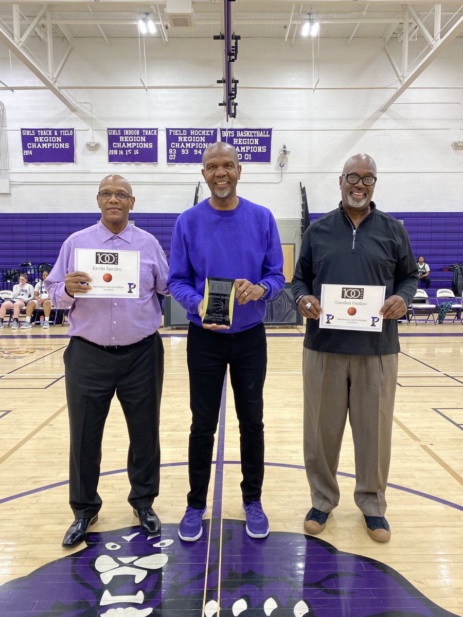 Tonight these three celebrated their 100th win at Pikesville! Congratulations Coach Dukes, Coach Speaks, & Coach Outlaw! #pantherproud 💜🏀