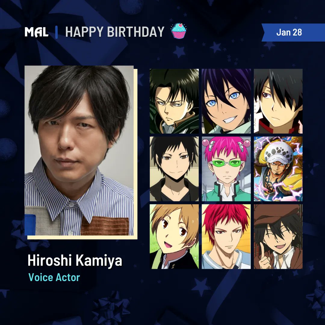 Crunchyroll.pt - (28/01) Um feliz aniversário para o seiyuu Hiroshi Kamiya!  🎉🎉🎉 ⠀⠀⠀⠀⠀⠀⠀⠀⠀ Além dos animes da imagem, o seiyuu também se destaca por  dar voz ao Levi de Attack on Titan 🥰