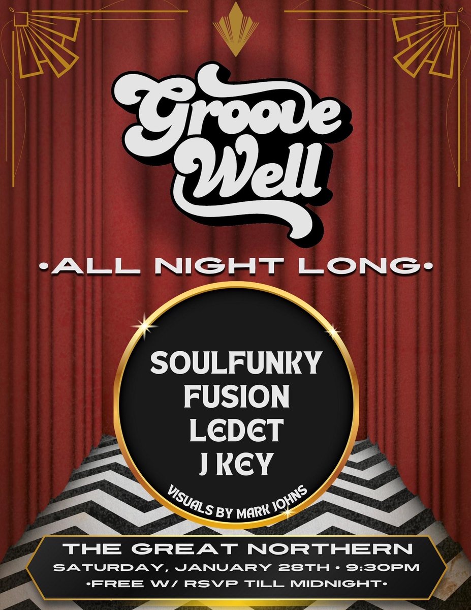 Saturday night the GrooveWell squad takes over The Great Northern!

Soulfunky, Fusion, Ledet, and J Key will be in the building keeping the vibes on point while Mark Johns provides next-level visuals ⚡
 
RSVP for FREE before midnight by heading to the link in our bio!