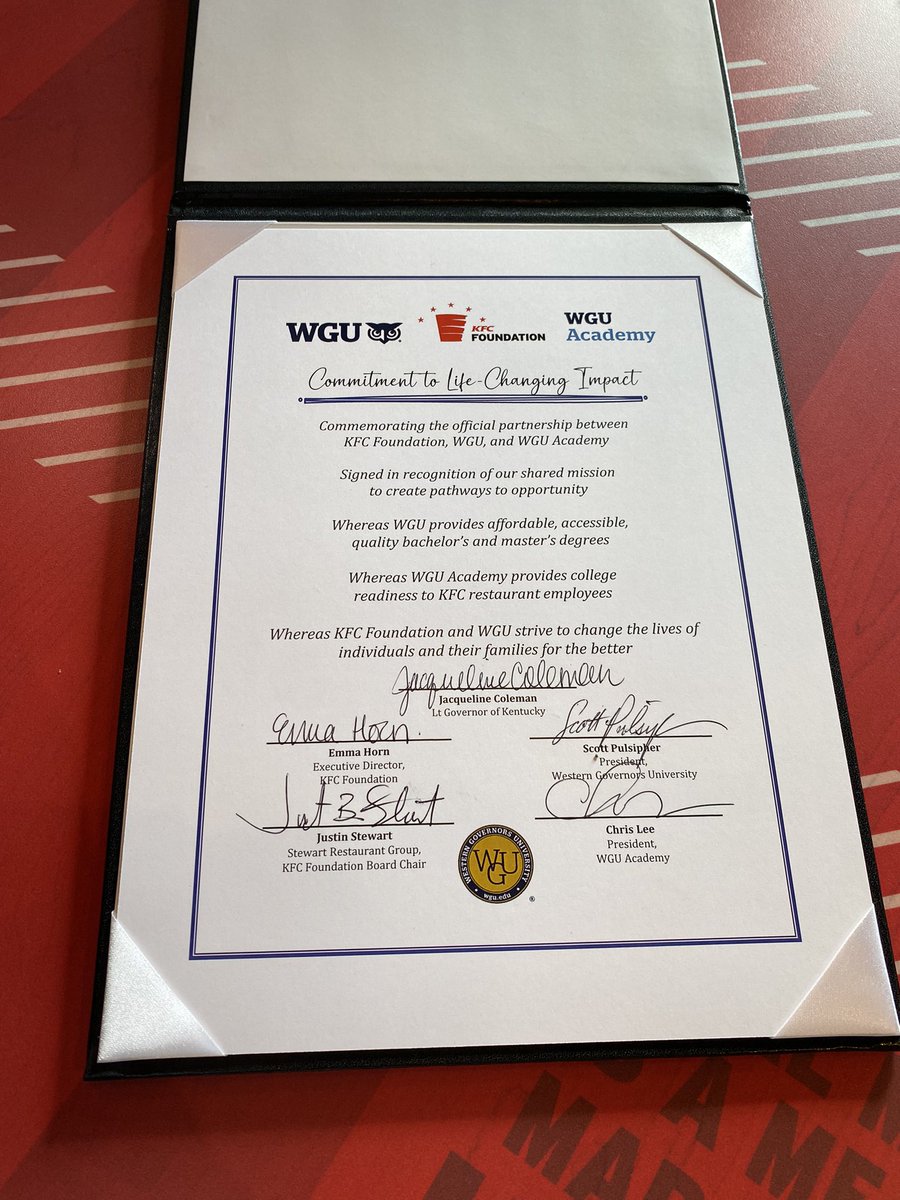 KyleUtter1's tweet photo. I’m grateful for the @kfcfoundation’s commitment to bettering the lives of @kfc restaurant employees across the nation and I’ve never been more proud of the work we do @wgu. Today we celebrated life-changing work that has only just begun! https://t.co/aH2ysC6Lzk
