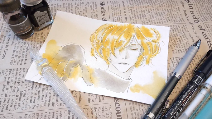 あなろぐおえかきうにせんせえから分けていただいたインク、PelikanのGOLDEN BERYLでゆらちかを塗りましたラメラメでキラッキラなの伝われ!!! 