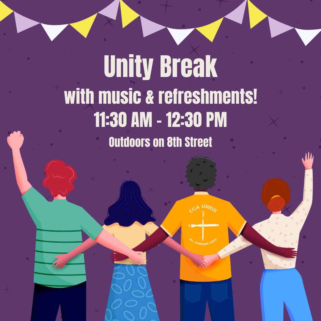 sfoakunite's tweet photo. For the first part of CCA Union's Day of Solidarity on Thursday, February 9th we'll have music and refreshments at our Unity Break from 11:30am-12:30pm in front of the main building on 8th Street.
#CCAUnion #Strikeversary https://t.co/0Koesgfc6Y