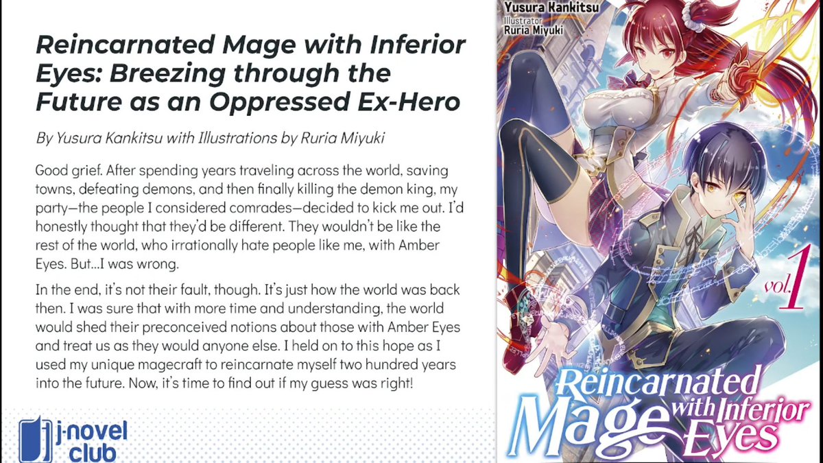 Reincarnated Mage With Inferior Eyes TheOASG on Twitter: "J-Novel Club has announced on their Twitch stream
