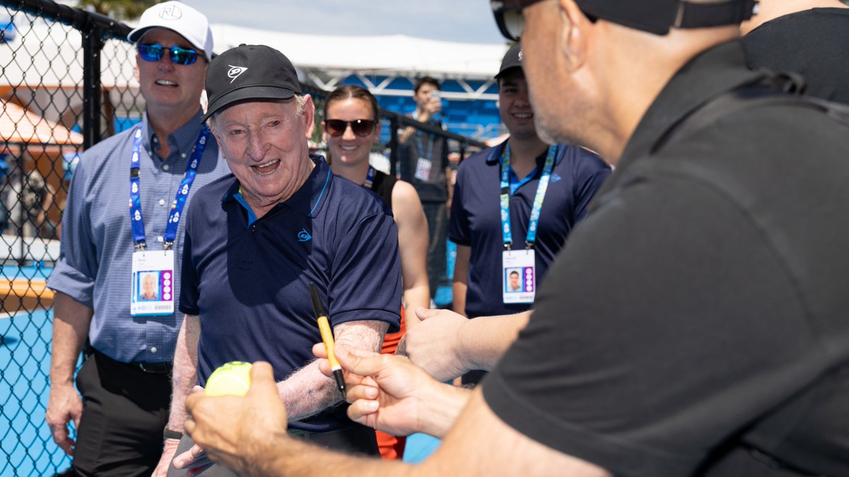 AustralianOpen's tweet photo. It was an honour to have Rod Laver gracing the Australian Open again!
Rod took a trip down memory lane posing for photos with the AO trophy. He answered some questions for the fans and signed some merchandise! A true legend of the game!
#TeamDunlop #RocketRod #AO2023 https://t.co/rjb2azIvL2