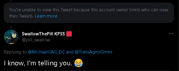 TransAgnstGrmrs's tweet photo. @pill_swallow @MichaelGAG_EIC hiding tweets, the absolute hallmark of stunning and brave https://t.co/2zpNcmrHpe