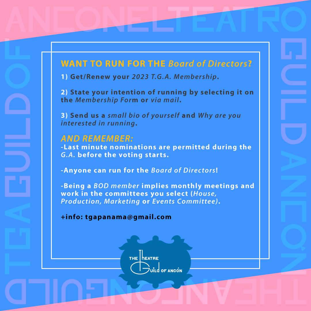 anconguild's tweet photo. ¿Quieres ayudar al T.G.A. como miembro de la Junta Directiva 2023? ¡Esta información es para ti!
También puedes formar parte de los comités (Marketing, House, Eventos o Producción) sin tener que formar parte de la junta directiva ¡Contáctanos!
#AnconGuild #TeatroPanamá https://t.co/7yDQJ2vpf4
