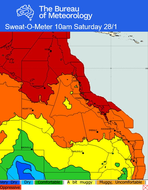 Feeling uncomfortably hot? It's not the temperature; it's the humidity! The trusty Sweat-O-Meter, based on the dew point, tells the story well, with high humidity across Qld leading to high feels-like temperatures. Read more here: media.bom.gov.au/social/blog/11…