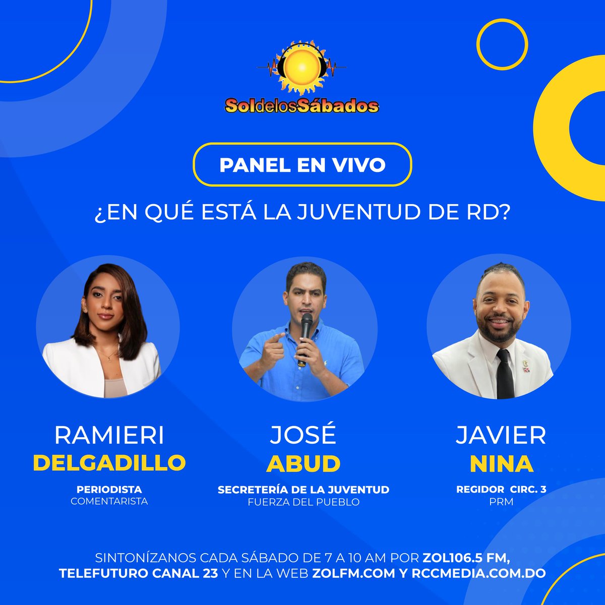 ¿En qué está la juventud de RD? Es el interesantísimo panel que tendremos mañana con <a href="/RDelgadilllo/">Ramieri Delgadillo Santana | Periodista</a>, <a href="/joseernestoabud/">Jose Ernesto Abud</a> y <a href="/javierninajourd/">Javier Nina Jourdain</a> en vivo por <a href="/ZOLFM1065/">ZOL 106.5 FM</a>.

¡Contamos con tu sintonía mañana!