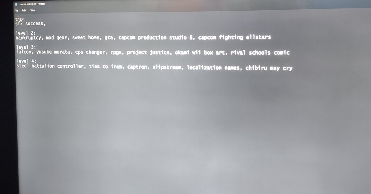 capcomrade88's tweet photo. Hard to see, but I'm working on a Capcom iceberg video...this one will take a while for me to get out and since I wrote this list I added a lot more to each level. Might as well put a lot of the useless trivia I know to good...use... #capcom https://t.co/04gfrZzgn1