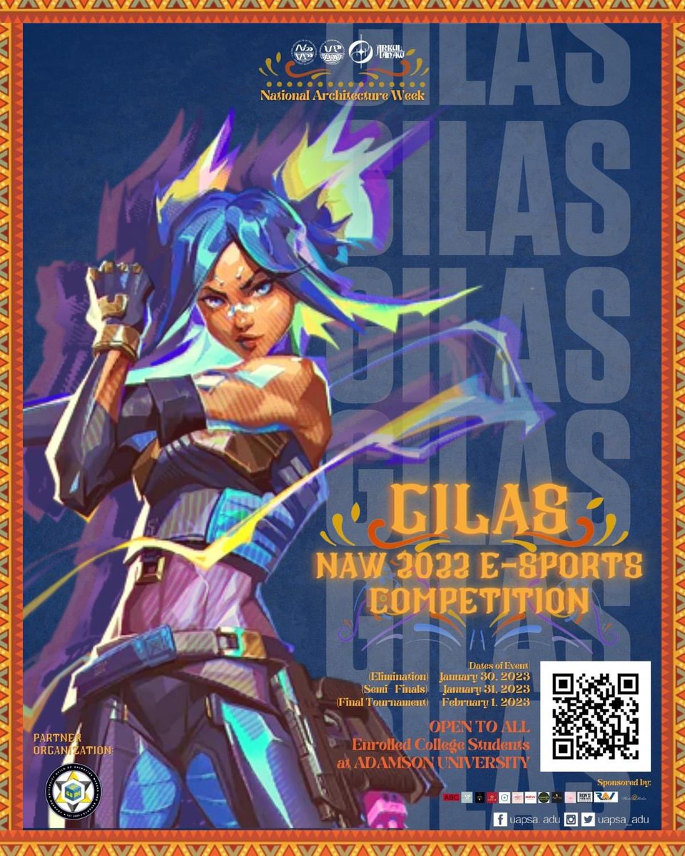 uapsa_adu's tweet photo. Iyong ipamalas ang taglay na husay sa larangang eSports 🎮

Sa pagdiriwang ng Linggo ng Pambansang Arkitektura, makibahagi sa aming 𝗚𝗜𝗟𝗔𝗦 eSports!

Registration Link:
https://t.co/bQyPhwfuSz…

*registration ends at 01/29/2023

#GILAS
#ARKULTANAW
#NAW2022
#UAPSAAdU https://t.co/DILJOa5KoQ