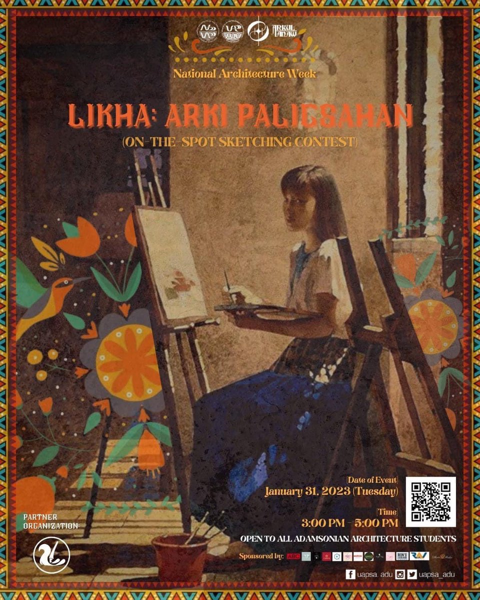 uapsa_adu's tweet photo. Ipamalas ang inyong talento sa pagguhit, mga arkimeyt! Sali na kayo sa ating "LIKHA: Arki-Paligsahan (On-the-Spot Sketching Contest)."

FREE REGISTRATION
*ends at 01/29/2023 

𝘙𝘦𝘨𝘪𝘴𝘵𝘳𝘢𝘵𝘪𝘰𝘯 𝘭𝘪𝘯𝘬:
https://t.co/igATksLqC1

#LIKHA 
#ARKULTANAW
#NAW2022
#UAPSAAdU https://t.co/3lyLkpcYt9