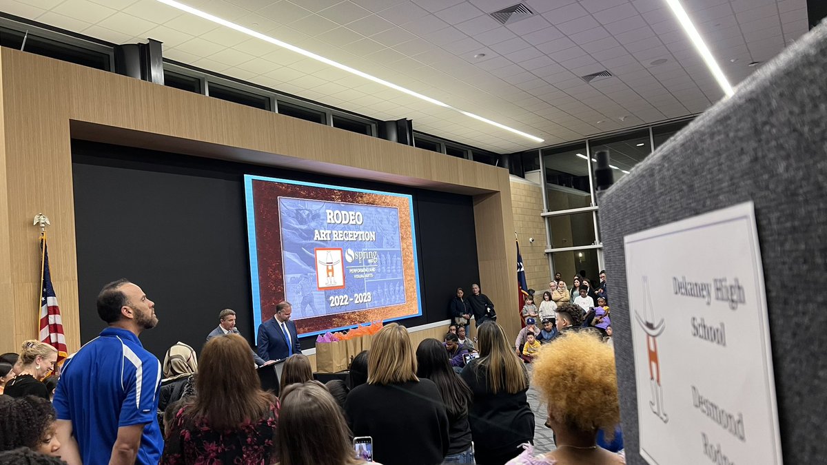 HoylandES's tweet photo. Mr. Hamilton and his Art Scholars proudly representing Hoyland Elementary at The Spring ISD 2023 Houston Rodeo Art Reception.   A Show full of beautiful pieces/talented artists! Congratulations Scholars…Well Done! @SpringISD @KimFonteno @Shuester @Joerclark https://t.co/vLIunMEsDz
