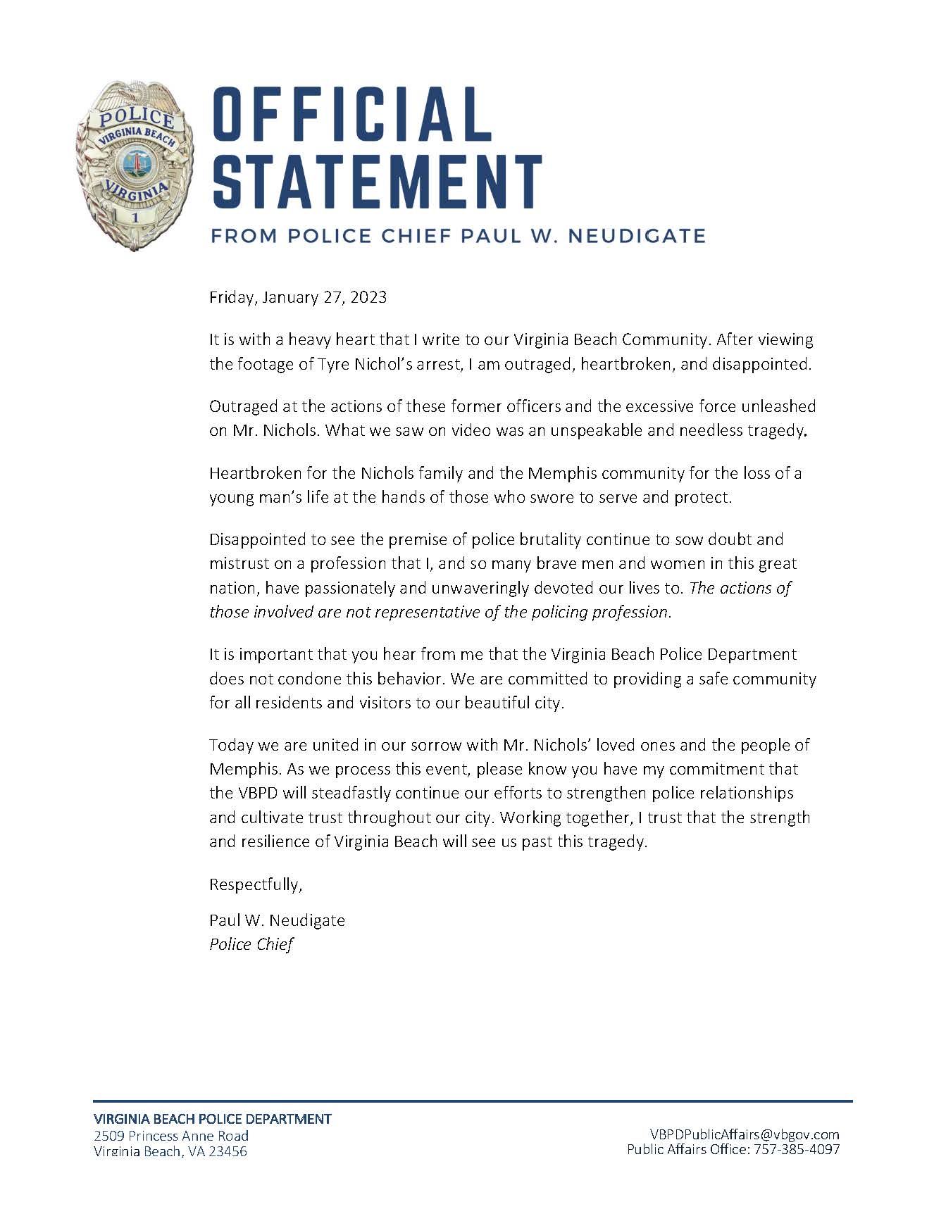 Virginia Beach Police Department on Twitter "A statement from Virginia