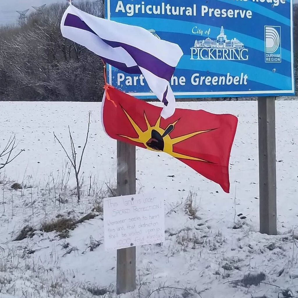 Ecologist_Rob's tweet photo. I see these flags on my commute to work. The #TwoBeltWampum and #WarriorFlag or #UnityFlag have been attached to the Greenbelt sign on Altona Road in Pickering with a hand written sign stating, "This land is under sacred protection". This gives me hope t… https://t.co/kTFAhdQ7TF https://t.co/nOejdDeS86