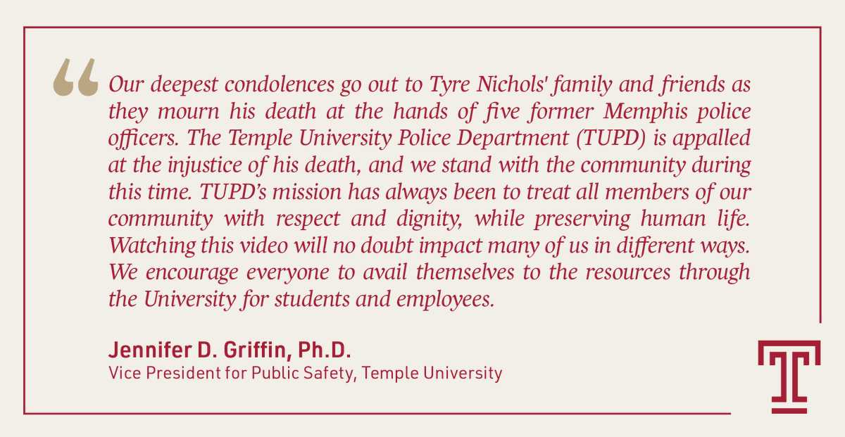 TempleUniv's tweet photo. A statement from Jennifer Griffin, Vice President for Public Safety. https://t.co/M3pNM6nSig
