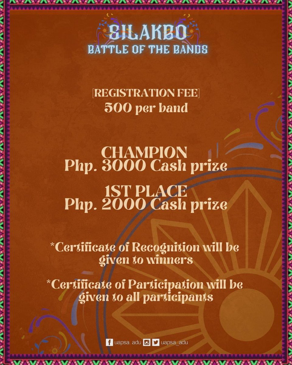 uapsa_adu's tweet photo. Sa larangan ng musika, hindi magpapahuli ang mga Adamsonians! Kaya naman, mga klasmeyt, makilahok na sa "SILAKBO: Battle of the Bands."

Ito ay isa ring pangunahing susi upang makapagbigay tulong sa mga nangangailangan na itinataguyod ng ARKULTANAW.

#ARKULTANAW
#TanyagSaPanaNAW https://t.co/9uKgJgdnHe