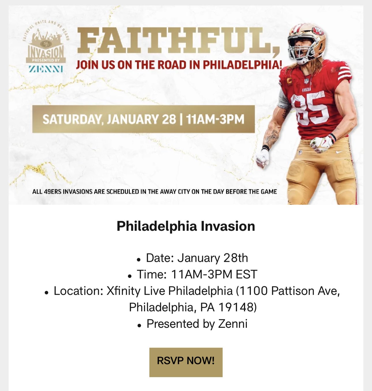 Eagles Nation on X: 'The 49ers are throwing a sponsored party for their  fans tomorrow from 11am-3pm at Xfinity Live.  / X