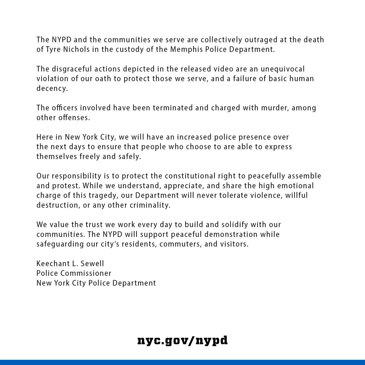 Statement from NYPD Commissioner Keechant L. Sewell