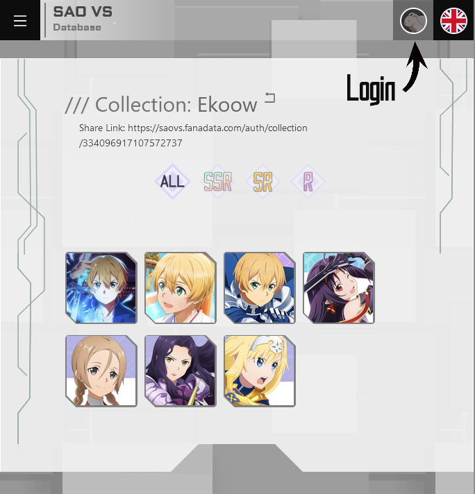 Ekoow_Fanadata's tweet photo. Collection management is now available on the #SAOVS database!
> https://t.co/f7sZPWjaZZ

Point out the characters you have or not, and share your profile to others! 📡

/* 1. Accessible at the top right of the database, the rabbit. 
2. Linked with a Discord account. */ https://t.co/SDrfopPcuE