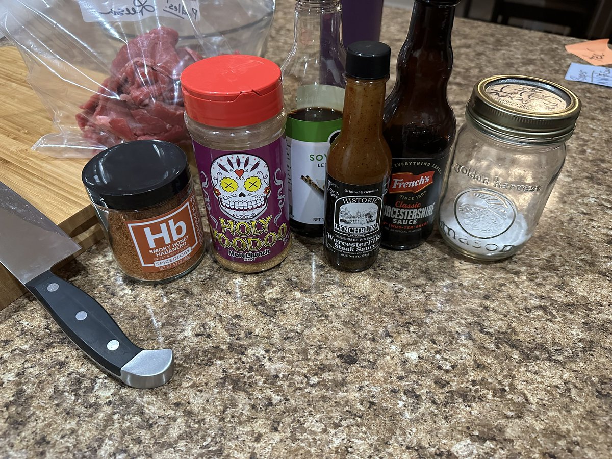 _RodSqwad's tweet photo. A little his and hers beef jerky marinating and ready to go on the #traeger smoker tomorrow. I did mine with the Smokey honey habanero seasoning, Melinda’s habanero hot sauce and WorcesterFire sauce. She wanted hers with the Holy Voodoo seasoning. https://t.co/p5WS0cbcyS