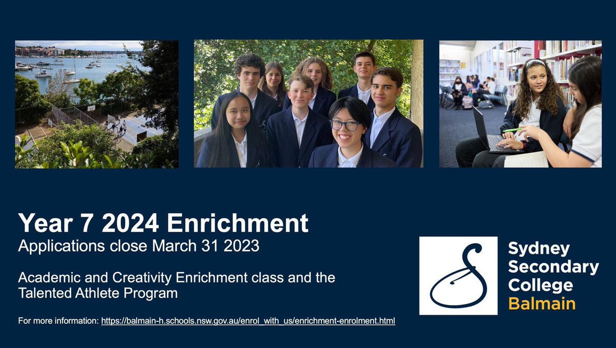 Applications for Enrichment places at Balmain Campus for Year 7 2024 are due on March 31. Places are available in our Academic Enrichment and Creativity Enrichment classes, and our Talented Athlete Program for Year 7 2024. balmain-h.schools.nsw.gov.au/enrol_with_us/…