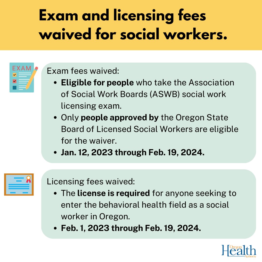 OHAOregon's tweet photo. Aspiring behavioral health social workers in Oregon will have their exam and licensing fees waived until February 2024.

To learn more, read the news releases https://t.co/FiesxhB2uX
https://t.co/T1ewunOFFB https://t.co/ceOnAFICpK