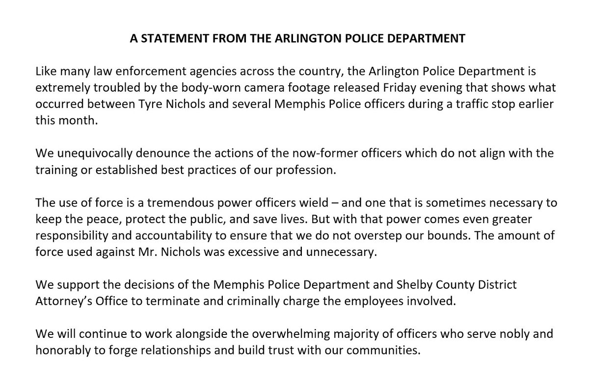 ArlingtonPD's tweet photo. A statement from the #ArlingtonTX Police Department. https://t.co/NJpjG7QBq5