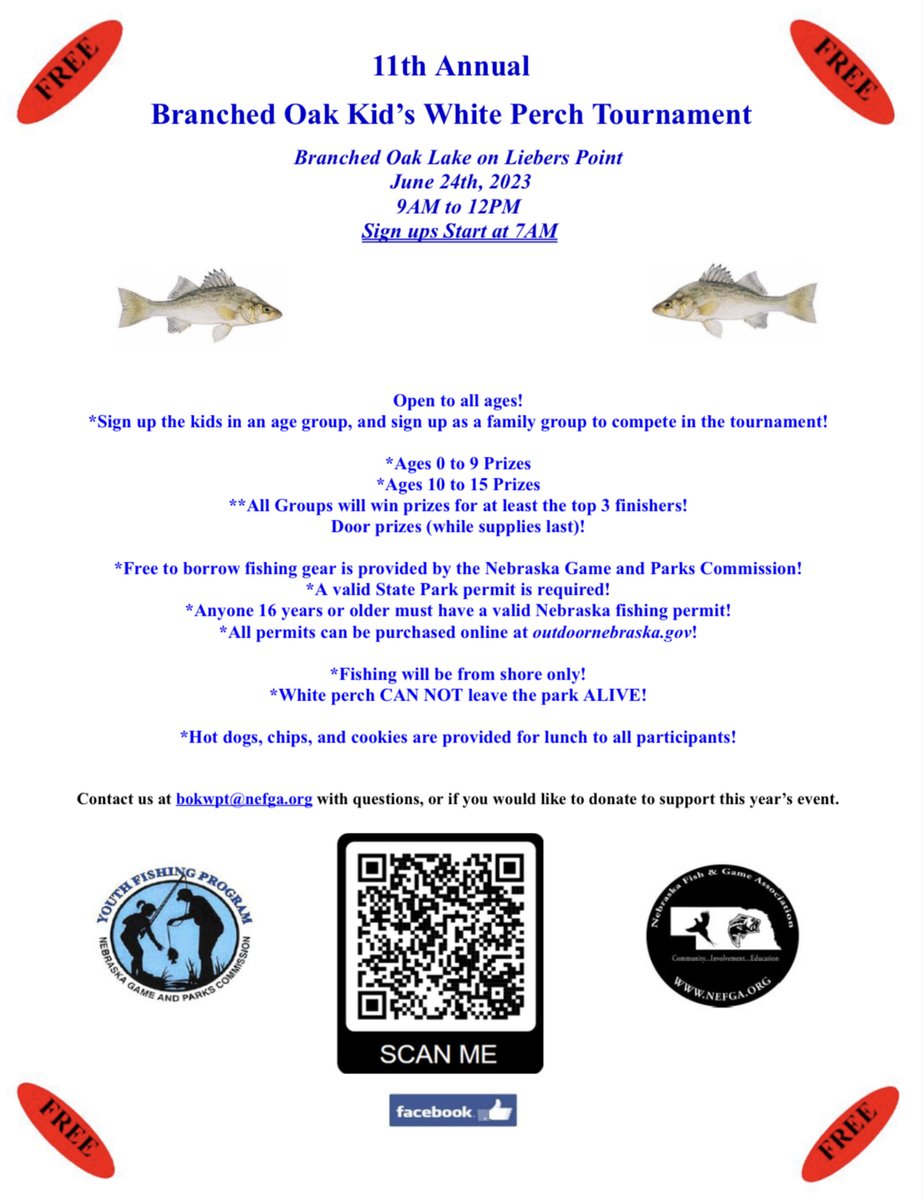 NEFishandGame's tweet photo. It’s official! This year’s kid’s fishing tournament is scheduled at Branched Oak Lake in Nebraska. June 24th, 2023! #kidsfishing #fishingtournament #whiteperch https://t.co/cRp5g4UjEu