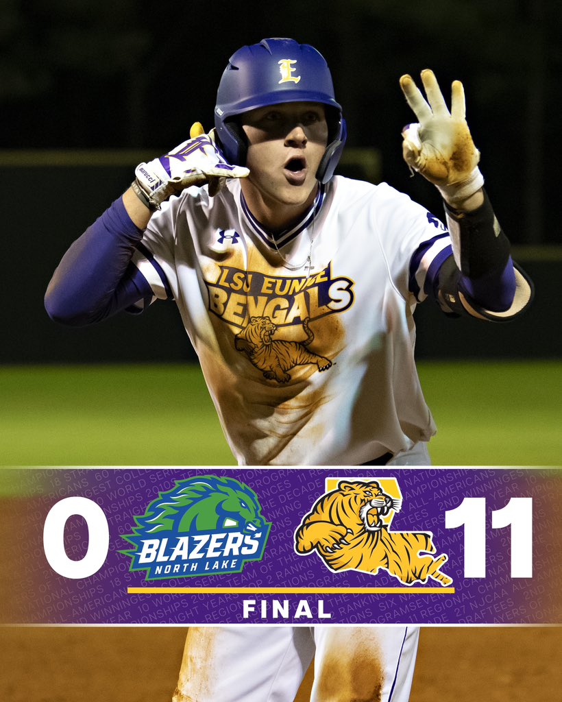 LSUEBengalsBSB's tweet photo. Bengals ROAR to open the season with an 11-0 run-rule victory.  Zachary Thomas goes off for a three-hit night while Tanner Vadnais provides a walk-off pinch hit 3-run home run.  LSUE will play a doubleheader tomorrow starting at 1:00PM

#DDCS
#GeauxBengals https://t.co/Pm8MjxOJwQ