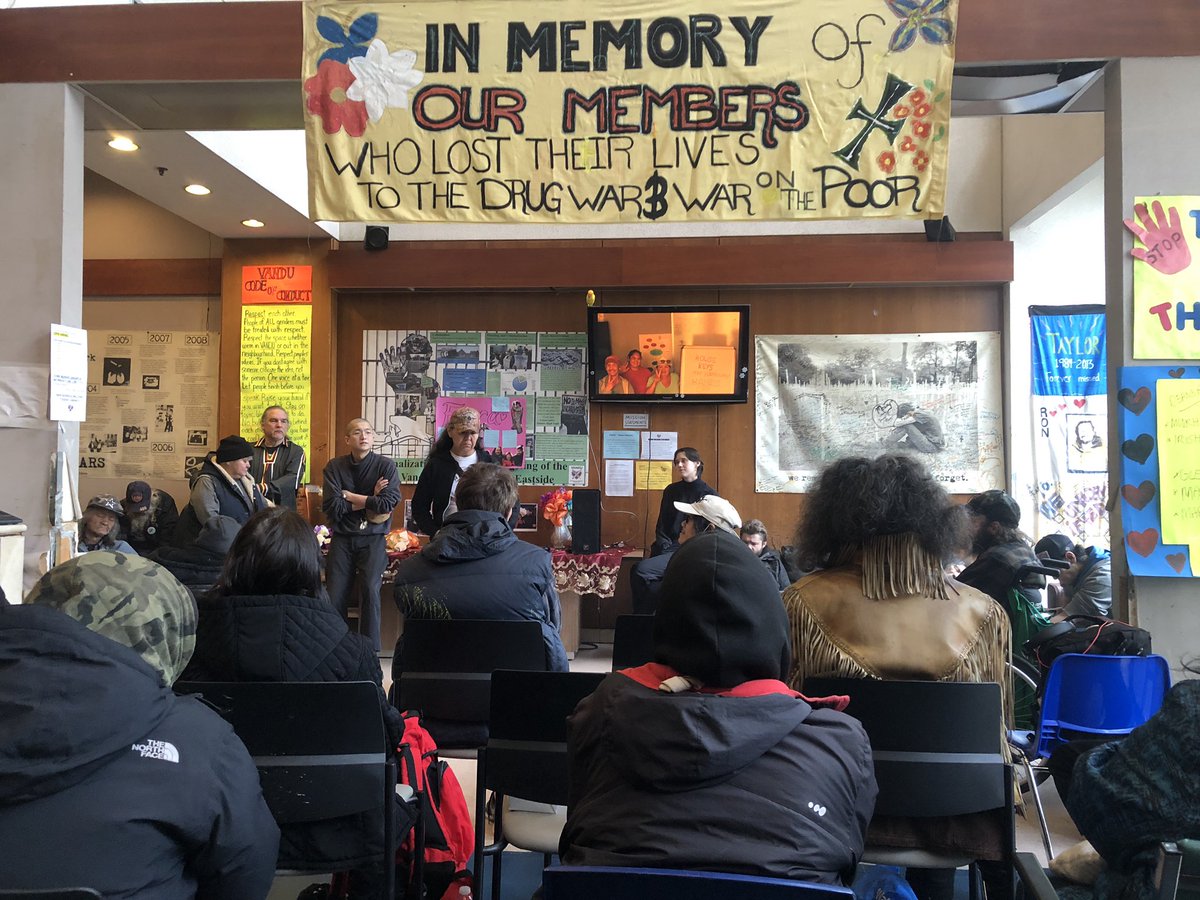 VANDU remembers Flora today, with Del at the front of a room full of mourners.  Del is the last living member of the “Fab Four”: Tracy Morrison, Chereece Keewatin and Flora Munro. Now all gone