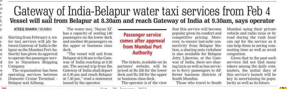 #Mumbai: Gateway of India – Belapur water taxi services to start from February 4.

#WaterTaxi

freepressjournal.in/mumbai/mumbai-…