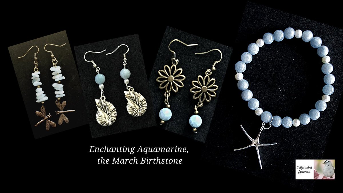 #birthstonejewelry #aquamarinejewelry #starfishbracelet #shellearrings #daisyearrings #bohoearrings #dragonflyearrings #marchbirthstone #bluejewelry