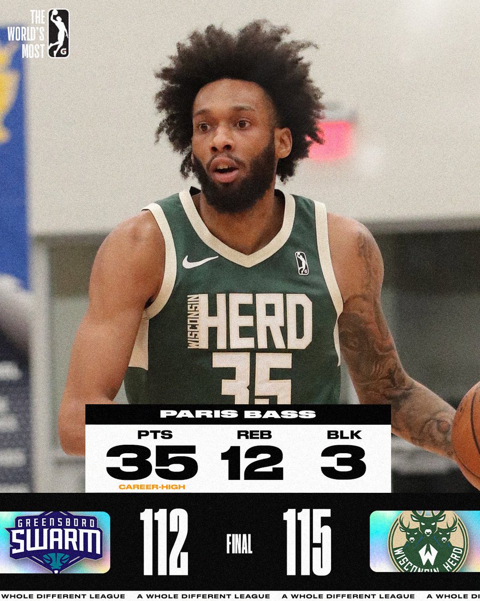 nbagleague's tweet image. The @WisconsinHerd just pulled off the 3rd-largest comeback in G League history, fighting back from a 3️⃣3️⃣-point deficit to come out victorious!

🦌 Hughes: 22 PTS, 8 REB, 5 AST, 3 BLK
🦌 Molinar: 21 PTS, 6 REB, 5 AST, 2 STL
🦌 Edwards: 16 PTS, 5 AST, 3 REB