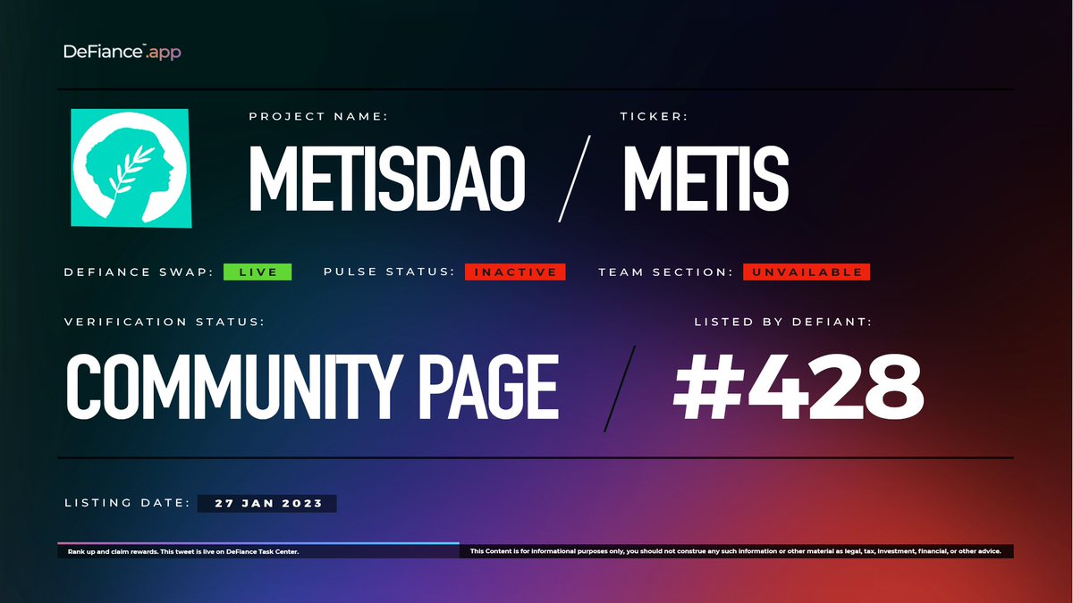 DeFiance_App's tweet photo. .@MetisDAO community page is now live on https://t.co/CzgAtXpcrx

$METIS is listed on #DeFianceSwap.

Metis powers a truly decentralized layer 2 economy, making blockchain accessible, affordable and adaptable.

Learn more on https://t.co/gRpdyvz90Z.
#MetisDAO #Metis #DeFianceApp https://t.co/9yeqmaJO0w