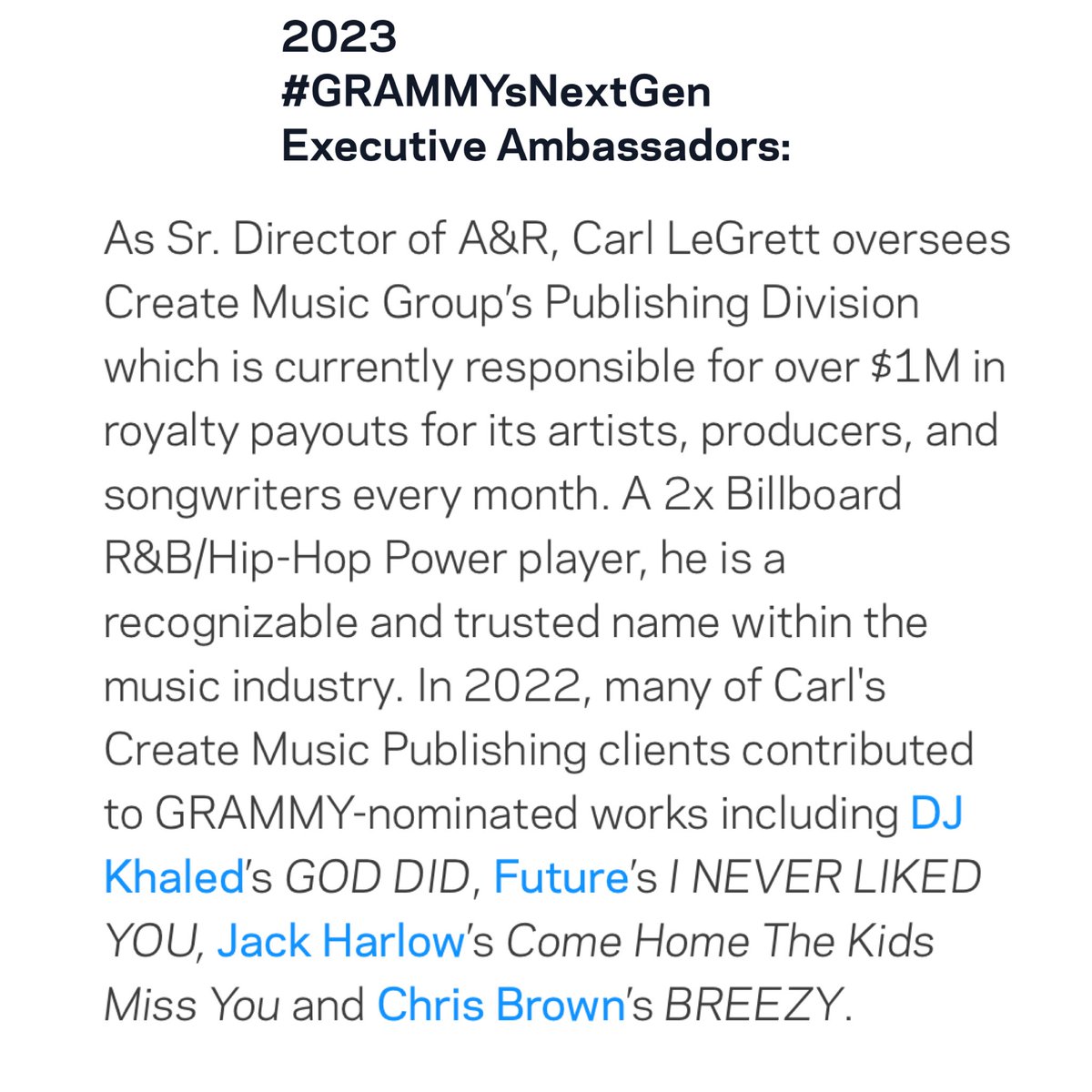 Create Music Group  Sr. Director, A&R @clegrett 
named as a #GrammyNextGen Executive Ambassador 

Big congrats Carl!

grammy.com/news/recording…