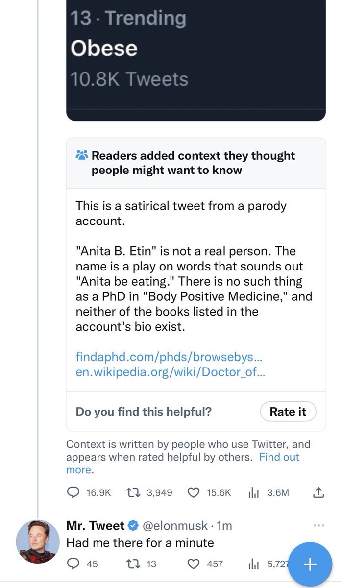 DrAnitaBEtin's tweet photo. Why is @elonmusk fact checking my tweets? I’m tired of everyone on Twitter acting like my PhD is a big fat lie. https://t.co/VMMQAkpGWO