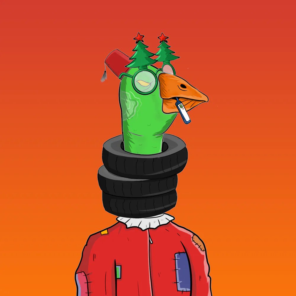#SeriousGoose is giving off a sad and comical vibe with a stack of tires around his neck, a fez on his head, and funny tree-glasses while dressed in an old clown outfit. What's on his mind? #SuiNFTs  #clowngoose