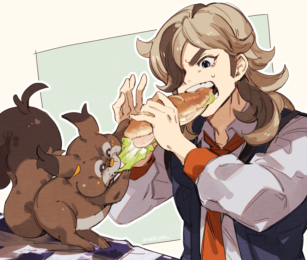 sandwich 1boy pokemon (creature) eating food vest necktie  illustration images