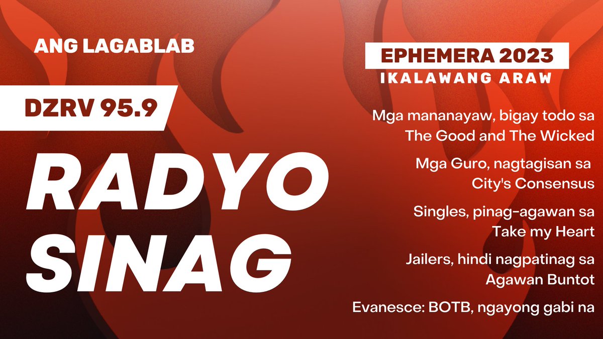 AngLagablab's tweet photo. 𝐏𝐚𝐤𝐢𝐧𝐠𝐠𝐚𝐧: 𝐄𝐩𝐡𝐞𝐦𝐞𝐫𝐚 𝐃𝐚𝐲 𝟐 🎈🌪

Sa unang pagkakataon, narito ang coverage ng Ang Lagablab ng ikalawang araw ng @ephemera2023 sa lapat ng Radio Broadcasting ng DZRV 95.9 Radyo Sinag ☀.

📻 https://t.co/UkIOVpLs1i

#Ephemera2023 
#RadyoSinag https://t.co/Q0yw6i00C2