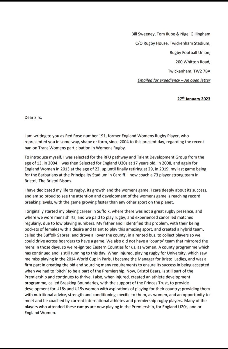 sashbambam's tweet photo. An open letter (9 pages), sent to Bill Sweeny, RFU CEO, Tom Ilube, Chair of the RFU and Nigel Gillingham, RFU President. 

Women's sport is not a vehicle for hate, women's rugby is better than that. 🙏 #rugbyforall 🏳️‍⚧️🏉 https://t.co/jrcexuuZaL