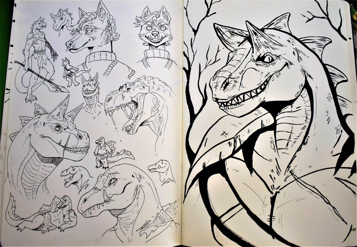 found this traditional sketch page that i had lying around featuring lots of doodles of two of @0dstny ocs 