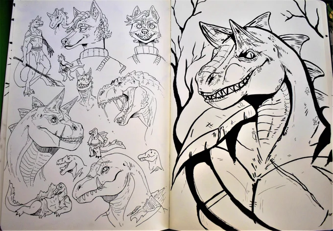 found this traditional sketch page that i had lying around featuring lots of doodles of two of @0dstny ocs 