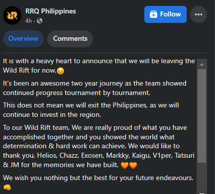 . <a href="/teamrrqofficial/">Team RRQ</a> exits #WildRift

RRQ will remain investing in the Philippines region with #VCT the only current game in PH Division

facebook.com/watch/?v=87893…