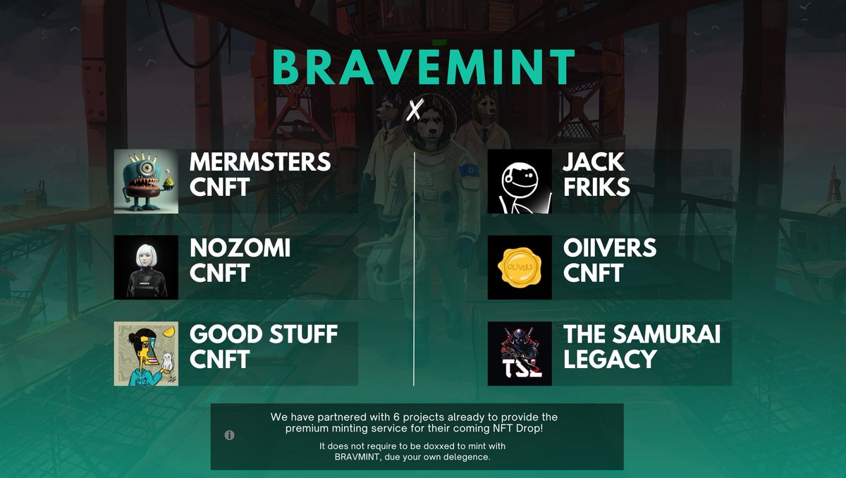 Brave Dogs | Space & Beyond (@bravedogsnft) on Twitter photo We have partnered with 6 projects to provide the minting service! 🚀
- <a href="/stikfriks/">stik friks - MFER CLAIM LIVE!!</a>
- <a href="/marmsters/">Culture Kids</a>
- <a href="/NozomiCnft/">Nozomi CNFT (MINT LIVE)</a>
- @GoodStuffCNFT
- <a href="/Olivers_cnft/">Olivers 🟡</a>
- <a href="/LegacySamurai/">The Samurai Legacy</a>
Our NFT holders will enjoy the benefits (WL, NFT AIRDROP) from our partner projects!
🦴Engage to win #BraveList spot! We have partnered with 6 projects to provide the minting service! 🚀
- <a href="/stikfriks/">stik friks - MFER CLAIM LIVE!!</a>
- <a href="/marmsters/">Culture Kids</a>
- <a href="/NozomiCnft/">Nozomi CNFT (MINT LIVE)</a>
- @GoodStuffCNFT
- <a href="/Olivers_cnft/">Olivers 🟡</a>
- <a href="/LegacySamurai/">The Samurai Legacy</a>
Our NFT holders will enjoy the benefits (WL, NFT AIRDROP) from our partner projects!
🦴Engage to win #BraveList spot!
