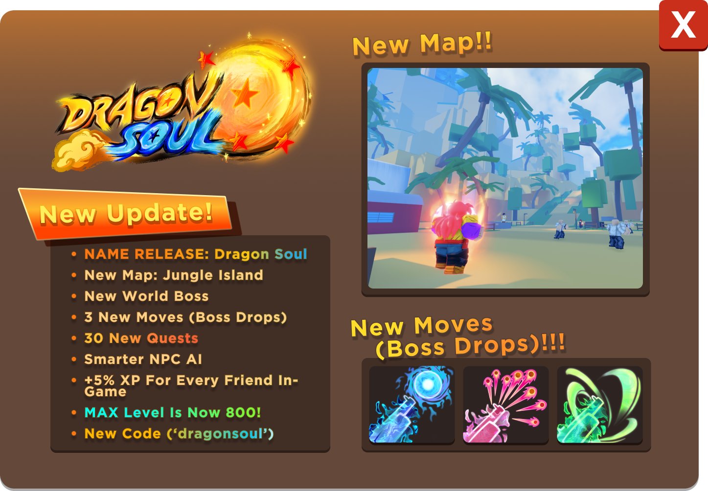 Novaly on X: JANUARY 2023 UPDATE IS NOW OUT! OFFICIAL GAME NAME: DRAGON  SOUL! New XP booster code: 'dragonsoul' #ROBLOX #RobloxDev #Rblx #RobloxGFX  #robloxedit #anime  / X