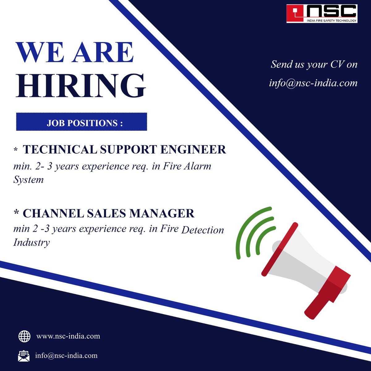📢 We're Hiring !

Technical Support Engineer & Channel Sales Manager | Fire & Safety

You can join our team, just send us your CV on info@nsc-india.com

.
#hiring #india #team #cv #engineer #safety #firesafety #jobalert #jobhunt #jobchange #jobhelp #sales #managers #managerjobs
