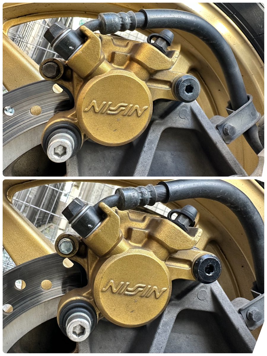 tak06532's tweet image. 前後ブレーキのパットピンと車体への取り付けボルトを新品に交換。
分かりにくいけど、削れたり錆びたりしてたので。
カスタムじゃなくて交換する人っているんかな？
ちなみに走行距離は14万キロでっす♬

#CB1300SF
#sc54
#メンテナンス