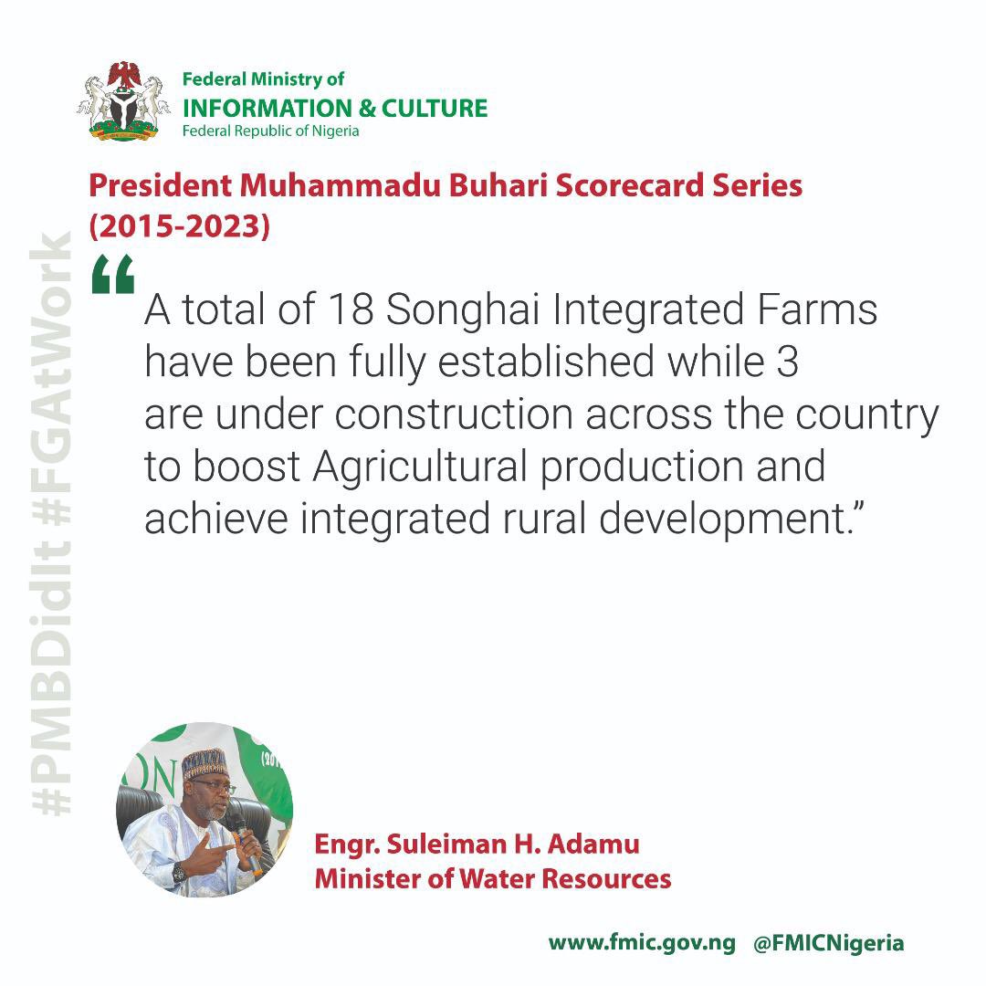 PHOTO NEWS A total of 18 Songhai Integrated Farms have been fully established while 3 are under construction across the country to boost Agricultural production & rural integration development-Engr. Suleiman Adamu (Min. of Water Resources) #PMBScorecard @FMWRNigeria @iyaboawokoya