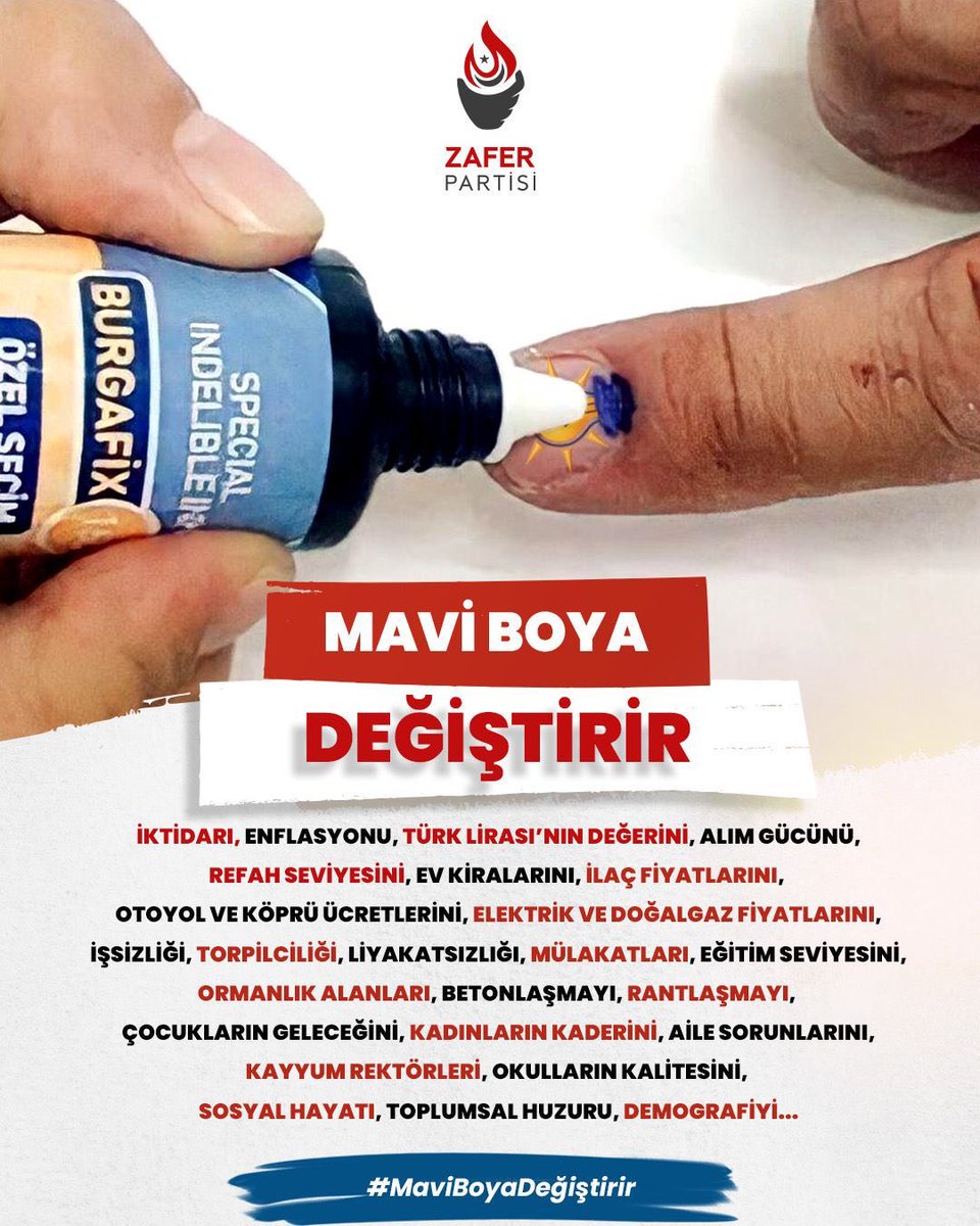 Seçim güvenliği mavi boya ile başlar. Hangi partiye oy verirseniz verin. Ancak seçim hilesine hazırlanmıyorsanız mavi boyaya destek olun. ⁦<a href="/zaferpartisi/">Zafer Partisi</a>⁩