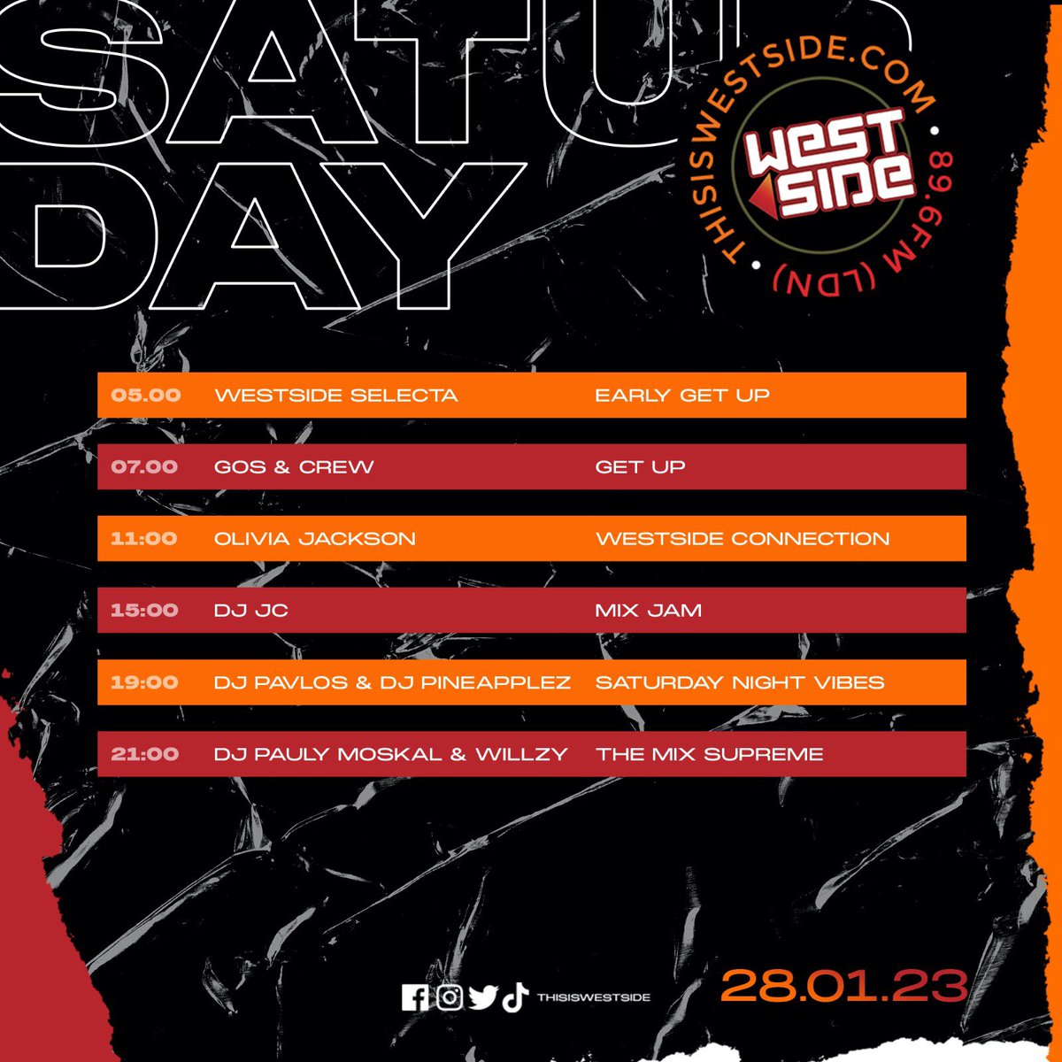 SATURDAY 28.01.23 

7-11 <a href="/GosAndCrew/">Gos</a> <a href="/bhavotelli/">BHAVOTELLI</a> <a href="/JemmaMcCarthy_/">Jemma McCarthy</a> 

11-3 <a href="/Liv_london_/">Olivia Jackson</a> 

3-7 <a href="/DJJCLDN/">DJ JC</a> 

7-9 <a href="/DJPineapplez/">Dj Pineapplez</a> <a href="/realdjpavlos/">PAVLOS</a> 

9-11 <a href="/djpaulymoskal/">djpaulymoskal</a> <a href="/KalexWzy/">Kalex // Willzy</a>